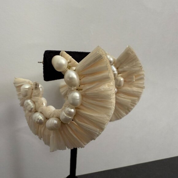 Anthropologie Raffia & Freshwater Pearl Statement Hoop Earrings Boho - Picture 4 of 8